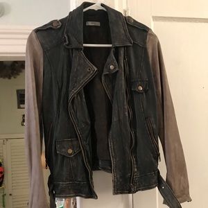 Distressed two-tone leather biker jacket
